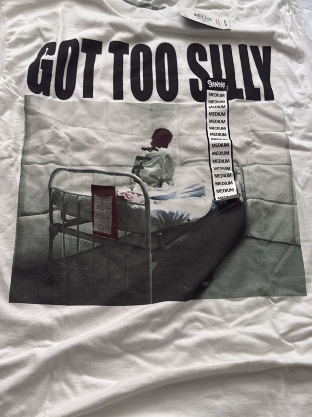 Spencer's White Short Sleeve Tee with Bold Black 'GOT TOO SILLY' Graphic